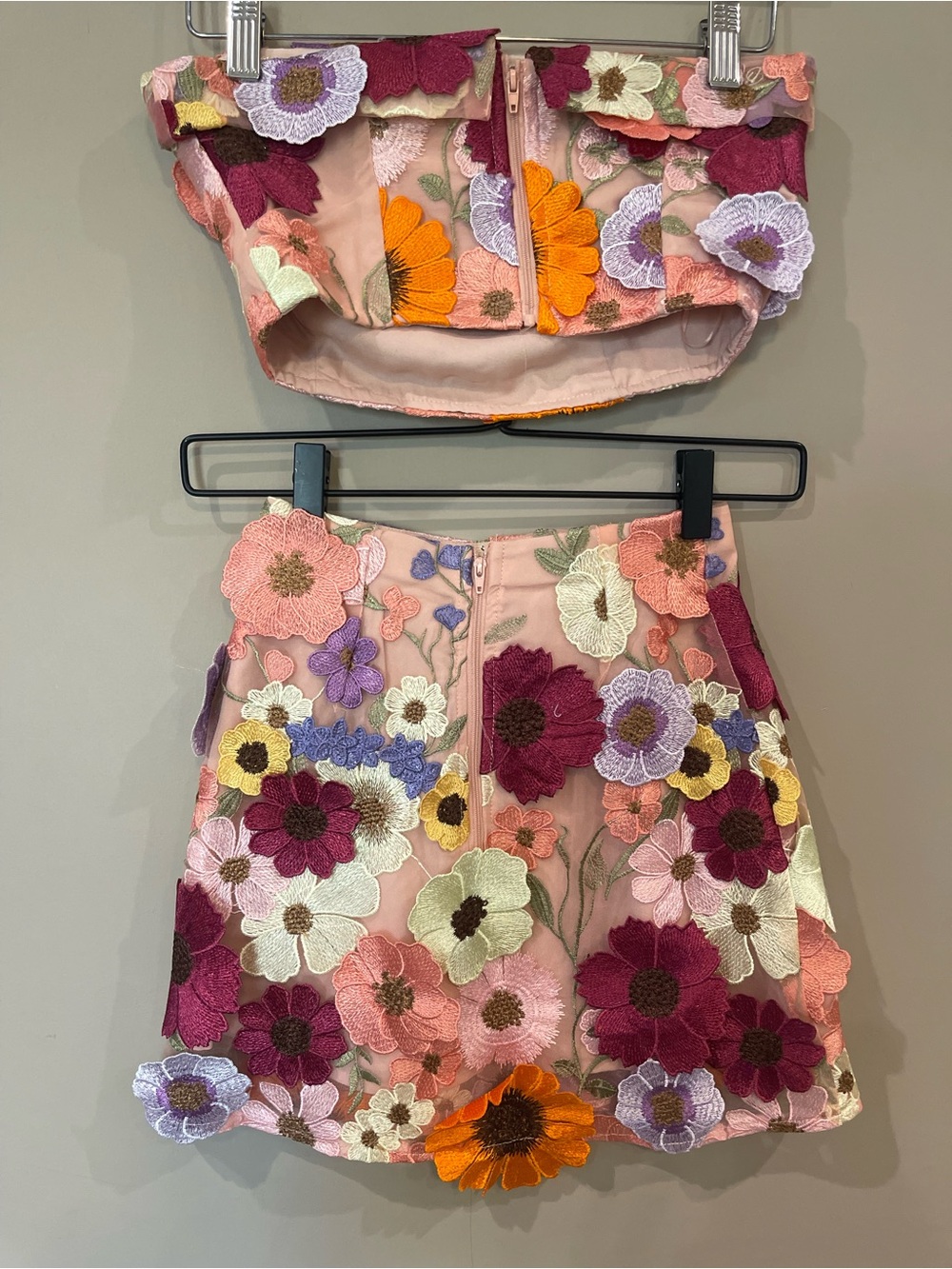 Altar'd State Pink Floral Appliqué Mini Skirt and Matching Strapless Top - Picture 5 of 8
